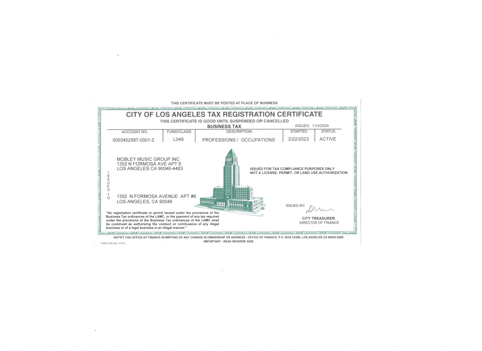 City of Los Angeles Tax Registration Certificate – LeRoy Mobley